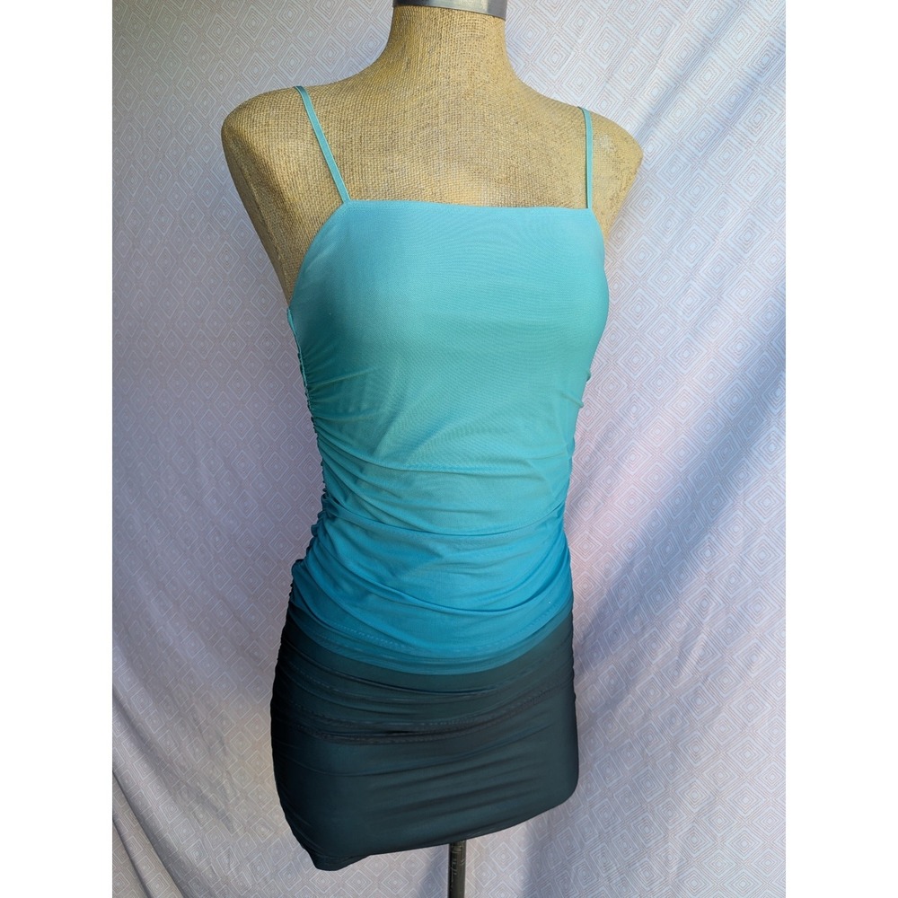 7DAY WKND Bodycon Dress Women Blue Excellent Ombre Ruched Mesh Mini